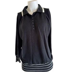 Women’s vintage 70s Eileen black M-L super soft sweater striped polo preppy